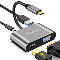 4в1: мультифункціональний адаптер для ноутбука | USB Type-C хаб Addap MH-02: HDMI + VGA + USB 3,0 + USB-C PD