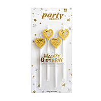 Набор свечей для торта, сердце с блестками, 4 шт + надпись,Happy Birthday, золото, 14 см