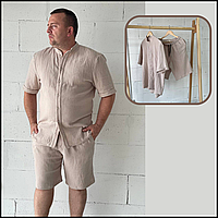 Чоловічий бежевий класичний літній костюм натуральний муслін з шортами, чоловічі футболки шорти