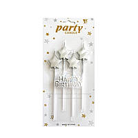 Набор свечей для торта, звезды, 4 шт + надпись,Happy Birthday, серебро, 14 см