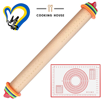 Набір дерев'яна качалка для тіста Cooking House з кільцями для розкочування тіста + Килимок для випікання червоний