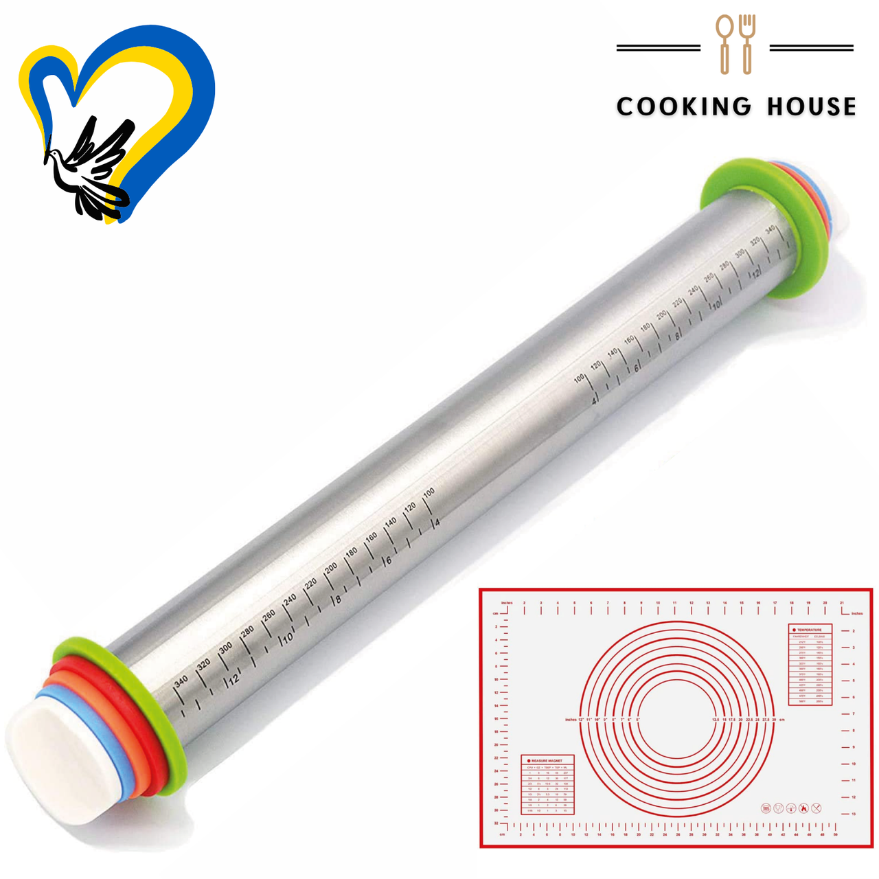 Оригінальна качалка для тіста Cooking House з кільцями розкочування тіста і килимком для випікання червоний