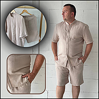 Классический летний мужской бежевый костюм шорты рубашка муслин, мужские костюмы шорты и футболка