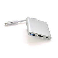 Конвертер Type-C (тато) на HDMI (мама) + USB 3.0 (мама) + Type-C (мама) 10cm, Silver, 4K / 2K Пакет от