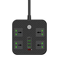 Мережевий фільтр ТВ-Т90, 4 розетки + 3 USB, 2 м, перетин 3х0, 75мм, 3000W, Black, Box от DOM-Energy