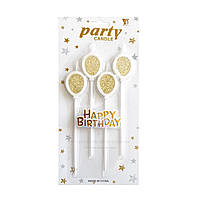 Набор свечей для торта, шарики золотые с блестками, 4 шт + надпись Happy Birthday, 14 см