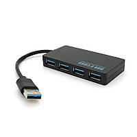 Хаб USB 3.0, 4 порту, плоский, чорний, підтримка до 2TB, кабель 0,14м, Блистер от DOM-Energy