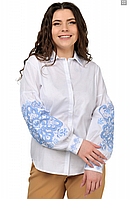 Жіноча котонова сорочка (біла з блакитною вишивкою), розміри 46,48,50,52,54,56
