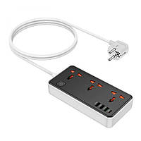 Мережевий фільтр HOCO AC8A на 3 розетки + 3 USB+USB-C, 30W, 220В, кабель 1,5м, Black/White, Box от DOM-Energy