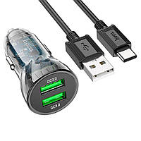 Набір АЗУ 12-24V HOCO Z47 кабель Type-C, 2xUSB 3.0, 2.4A, кабель 1м, Black, Box от DOM-Energy