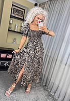 Красивое летнее платье длинное с разрезом легкое модное принт зебры супер софт, бежевое, размер 42/48