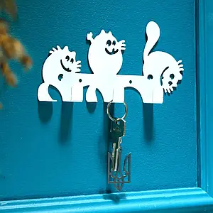 Ключниця настінна металічна 20х10.5см. Колір "білий" котики 3 гачки