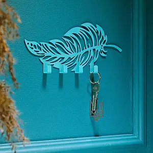 Ключниця настінна металічна 25х11см. Колір "бірюзовий" листок 4 гачки