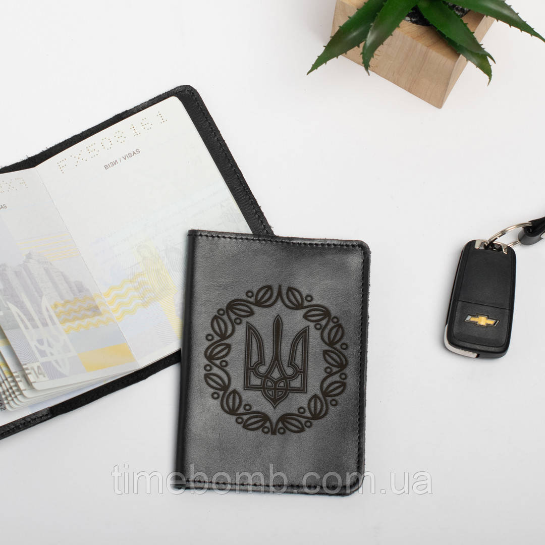 Обкладинка для паспорта "Герб з вінком", Чорний, Black