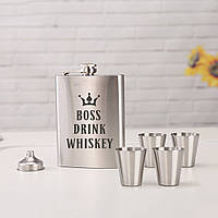Набір фляга з чарками "Boss drink whiskey", англійська, Крафтова коробка