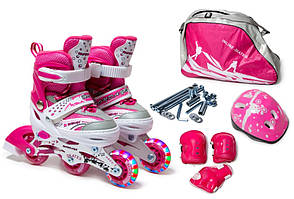 Дитячі ролики із захистом та шоломом Happy. Колеса поліуретанові. Розмір 27-30. Колір рожевий.