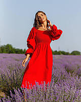 Женское летнее красное платье миди льняное с регулирующимися плечами