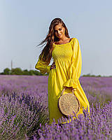 Женское летнее желтое платье миди льняное с регулирующимися плечами