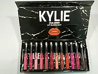 Помада 12 кольорів Kylie KY3 у мармуровому чорному пакованні, стійкі рідкі помади