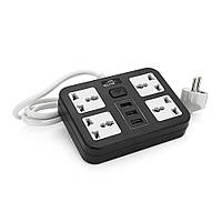 Мережевий фільтр ТВ-Т15, 4 розетки + 3 USB, 2 м, переріз 3х0,75 мм, 2500 W, Black, Box