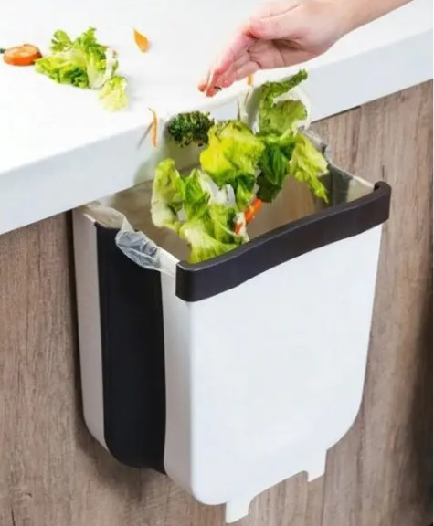Сміттєвий контейнер Великий складаний KITCHEN FLEXIBLE для підвішування на дверцята. Розкладне відро для сміття Біле, фото 1
