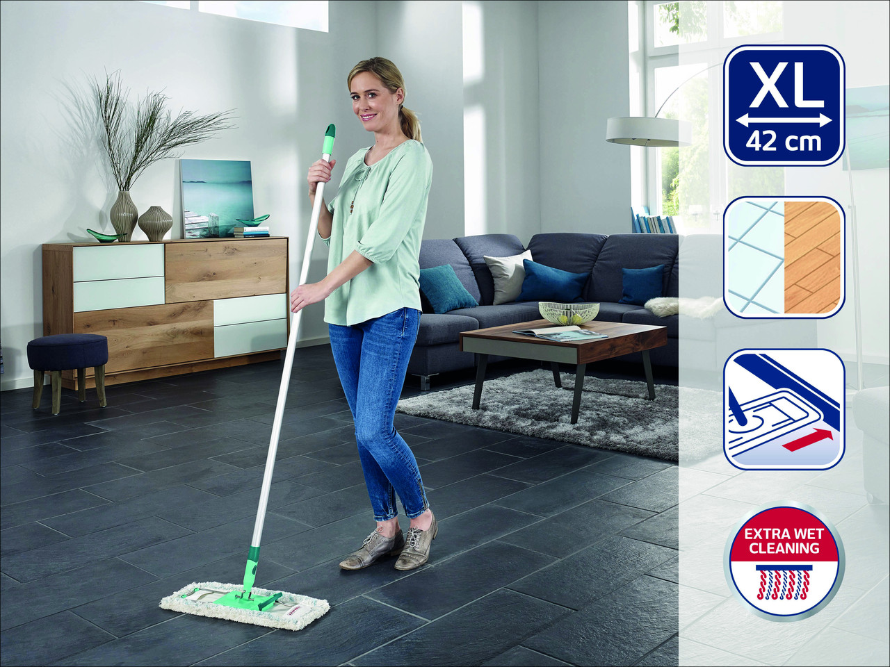 Швабра для дому з ручним віджиманням 42 см Leifheit Profi XL Micro Duo Aluminium, Універсальна підлогова швабра з мікрофібри, фото 1