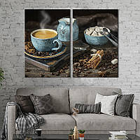 Модульная картина из двух частей KIL Art Корица и кофейные зерна на деревянном столе с чашкой кофе 111x81 см
