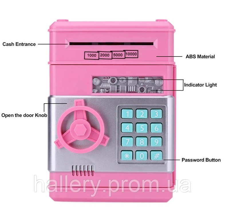 Копилка сейф, детский банкомат с кодовым замком NUMBER BANK Розовый hr - фото 2 - id-p2179318519