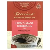Teeccino, Трав'яний чай із грибами, левова грива та родіола, троянда, без кофеїну, 10 чайних пакетиків, 60 г (2,12