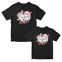 Комплект черных футболок для влюбленных с принтом "Our Love. Одна любовь. Влюбленные котики на сердце" Кавун