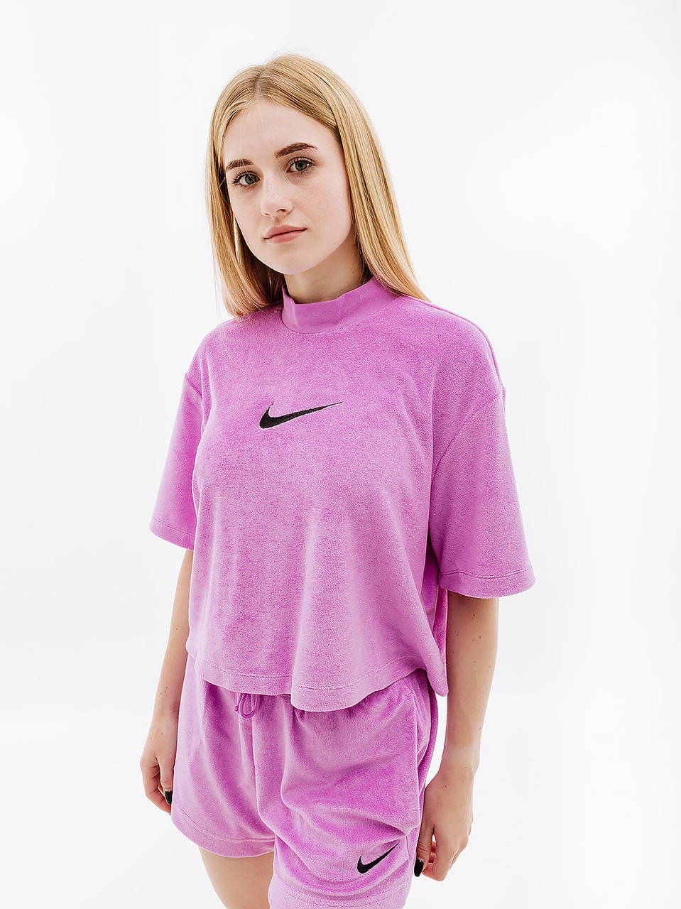 Жіноча футболка Nike W NSW MOCK SS TEE TRRY MS Фіолетовий L (7dFJ4894-532 L)