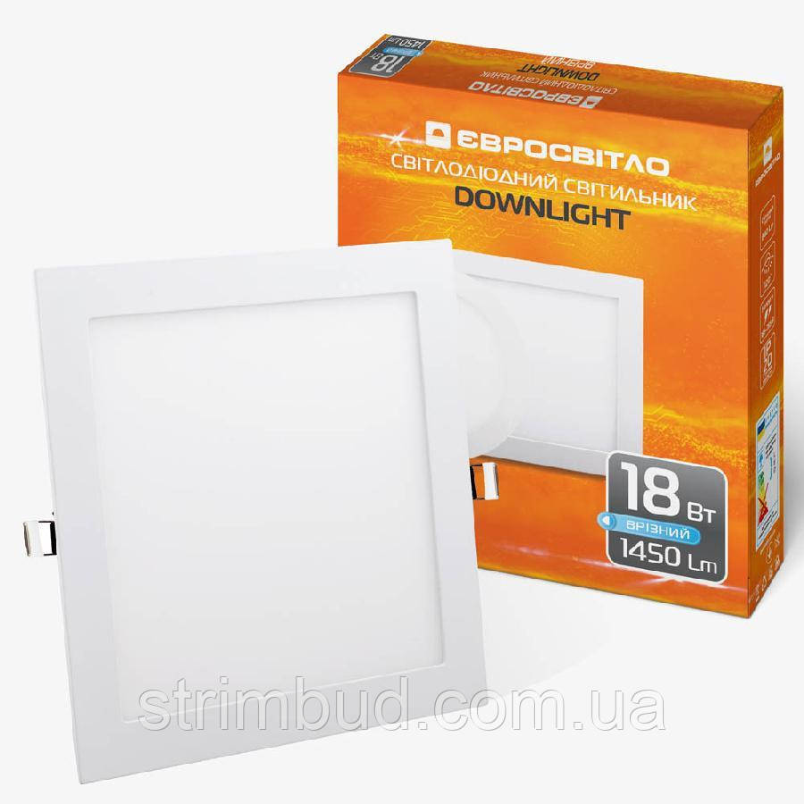 Світильник точковий врізний ЄВРОСВЕТ 18 Вт квадрат LED-S-225-18 6400 К, фото 1