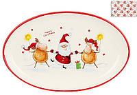Тарелка керамическая овальная 18,5*29см Санта с оленями, Брак (крэк эмали) RM7-821 ОСТАТОК