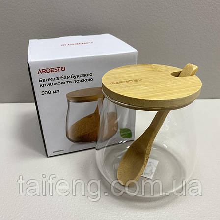 Цукорниця скляна з бамбуковою кришкою та ложкою 500 мл Ardesto AR1350BHS, фото 1