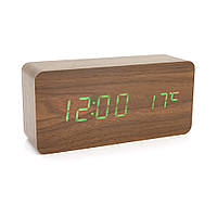 Електронний годинник VST-862 Wooden (Brown), з датчиком температури, будильник, живлення від кабелю USB, Green