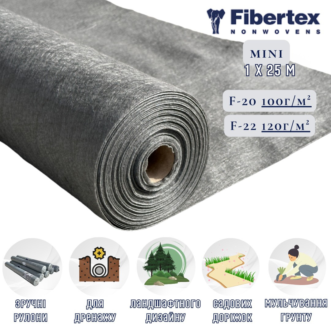Ландшафтний геотекстиль 100г/м2, рулон 25м2 Fiberteх будівельний для захисту, розподілу, дренажу і фільтрації