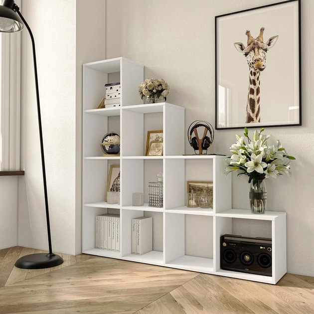 Підлогова полиця-стелаж відкритого типу для іграшок та книг на 10 осередків, книжковий східчастий стелаж у вітальню, фото 1