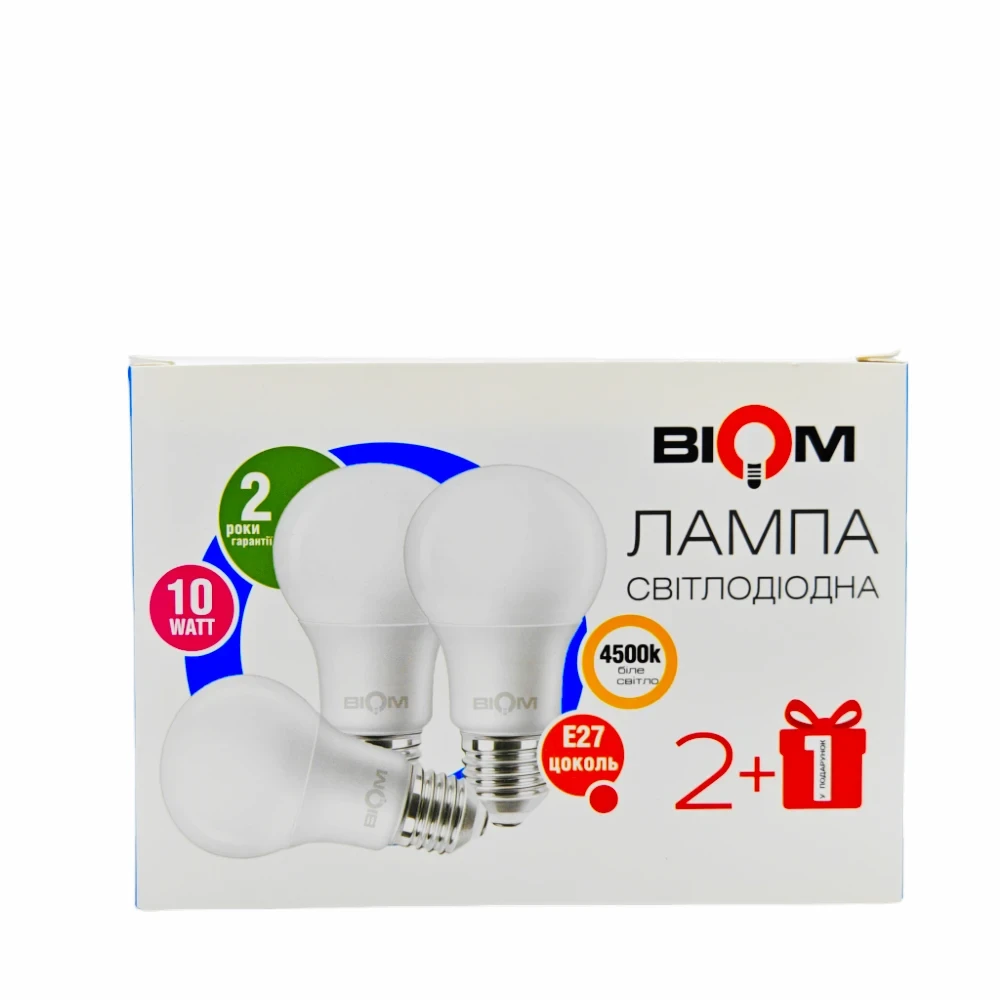 3 світлодіодні лампи Е27 10W A60 4500K Biom BT-510