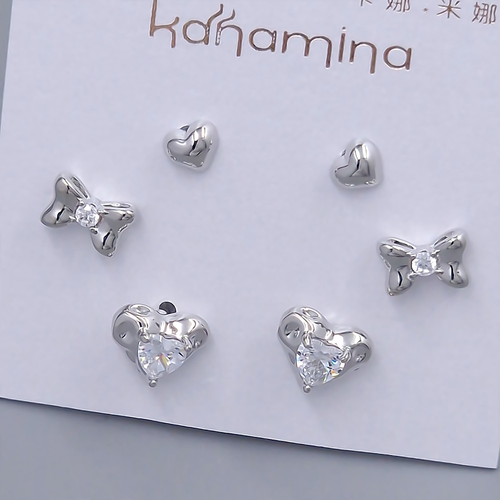 Набір із 3-х пар сережок-гвоздиків FJ. Родій. Камені: білий циркон