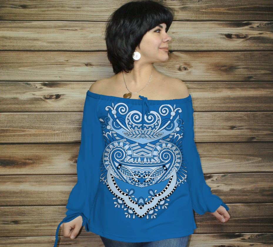 Туніка (блуза) Carmen Орнамент етнічний. Васильковий 01 ВСІ Розміри, фото 1