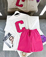 Женский спортивный оверсайз костюм 2-ка (удлиненная футболка+шорты на резинке). Костюм с белой футболкой розовый+белый