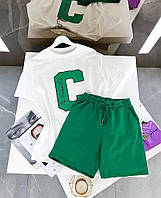 Женский спортивный оверсайз костюм 2-ка (удлиненная футболка+шорты на резинке). Костюм с белой футболкой зеленый+белый.