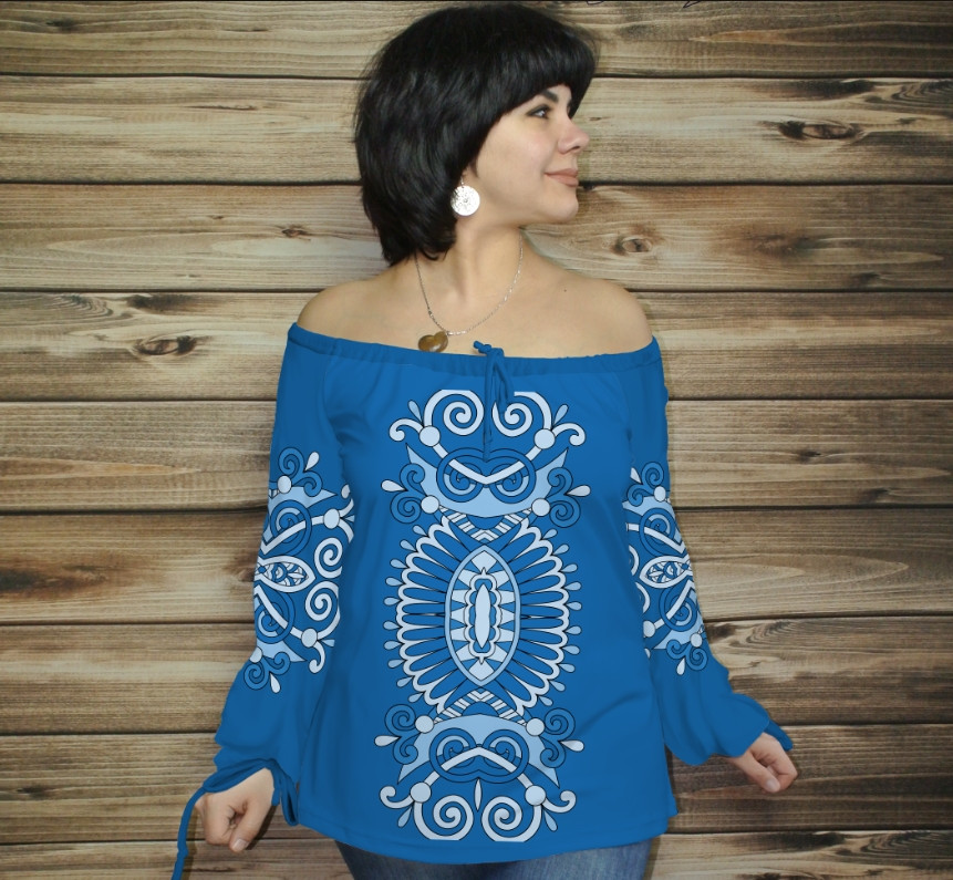 Туніка (блуза) Carmen Орнамент етнічний. Васильковий 02 ВСІ Розміри, фото 1