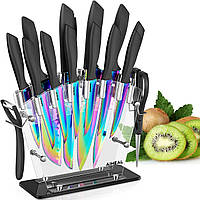 Knife Set, 16 Pieces High Carbon Stainless Steel Rainbow Color Kitchen Knife Set, Titanium Coating Blade, No