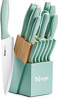 15pcs Kitchen Knife Set with Block, Sharpener and Scissor, Stainless Steel Knives with Extre-light Straw