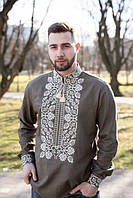 Вышиванка мужская с длинным рукавом цвет хаки, Мужские вышиванки украинская, Патриотическая рубашка, M
