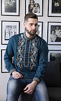 Мужские вышиванки зеленого синего Вышивка дуб, Вышиванка для парня, Рубашки (мужские вишиванки), XL