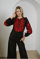 Черная женская вышиванка с длинным рукавом с красной вышивкой, Чорно червона вишиванка, Блузи з вишивкою, M