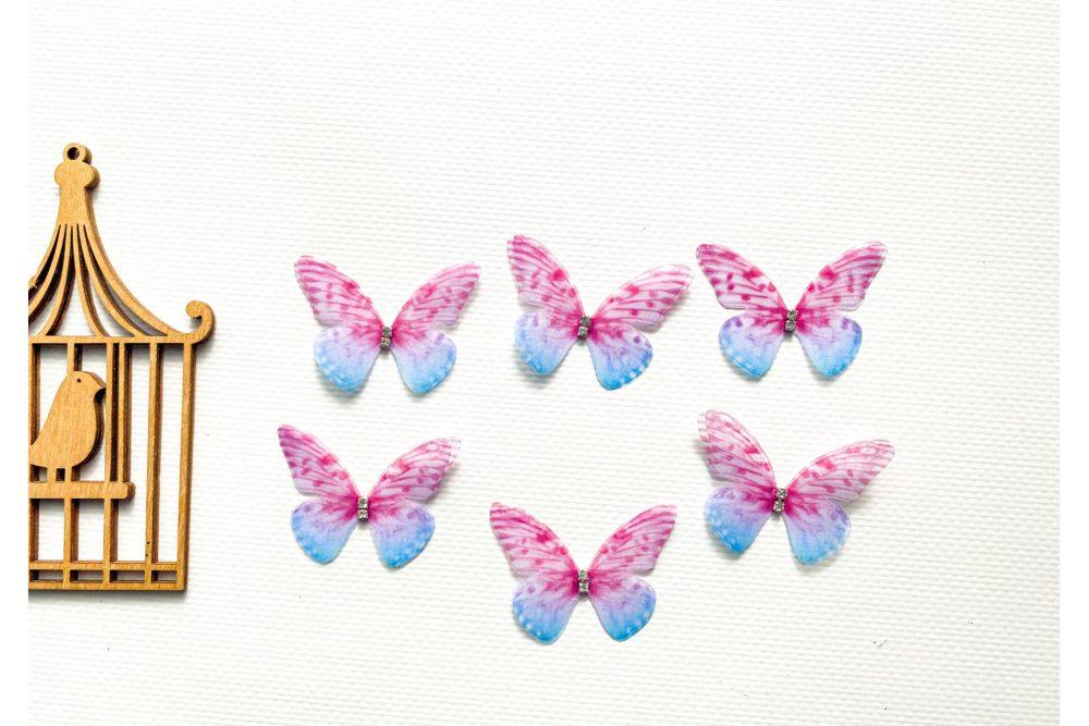 Метелик двошаровий із шифону малиново-блакитний 50*40 мм
