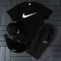 Мужской комплект Nike летний спортивный костюм найк Футболка + Шорты + Кепка + Банка черный